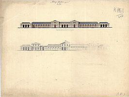 Heinrich Strack der Ältere: Ansicht und Ansichtsskizze eines Projekts zur Errichtung von Nebengebäuden (Stall, Wagenhalle, Museum) für das Schloss, um 1828 © Stadtmuseum