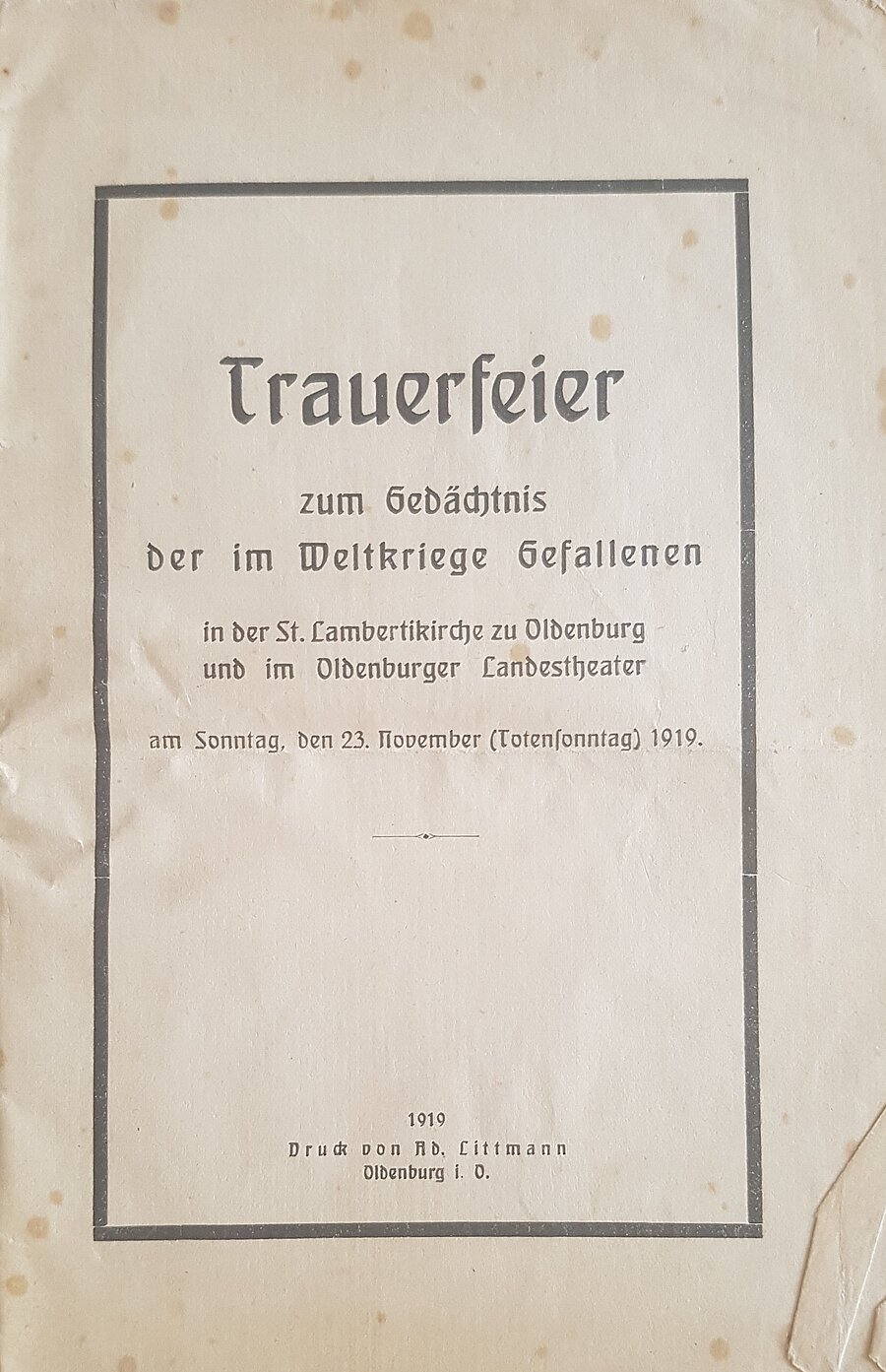 Gedruckte Trauerfeier aus dem Nachlass der Familie Bulling. © Stadtmuseum