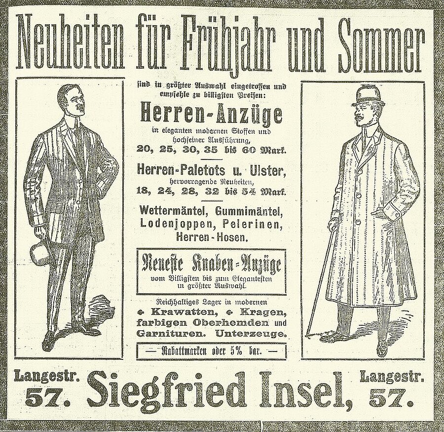 Werbeanzeige Siegfried Insel, Geschäft für Herren- und Knabenbekleidung, erschienen in: Nachrichten für Stadt und Land, Oldenburg, 20.03.1910.