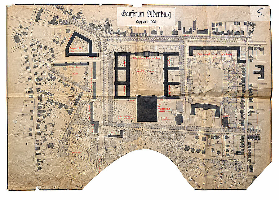 Lageplan Gauforum Oldenburg, 1940, Lithografie, ca. 78 x 110 cm. Foto: Stadtmuseum Oldenburg/Andrey Gradetchliev