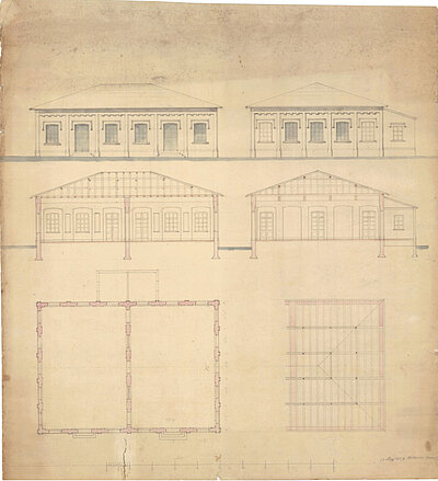 Hero Diedrich Hillerns: Nicht ausgeführte Entwurfszeichnung einer doppelten Turnhalle. Dargestellt sind Vorder- und Seitenansicht, Quer- und Längsschnitt, Grundriss und Teil der Balkenlage, 1859 © Stadtmuseum