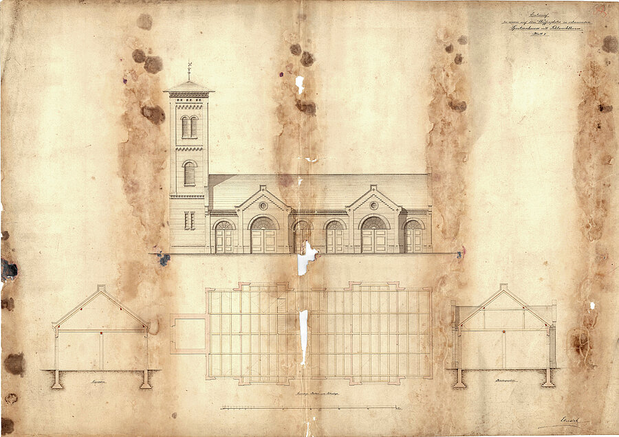 H. Ellersiek: "Entwurf zu einem auf dem Waffenplatz zu erbauenden Spritzenhause mit Schlauchthurm. Blatt 1.", um 1880 © Stadtmuseum 