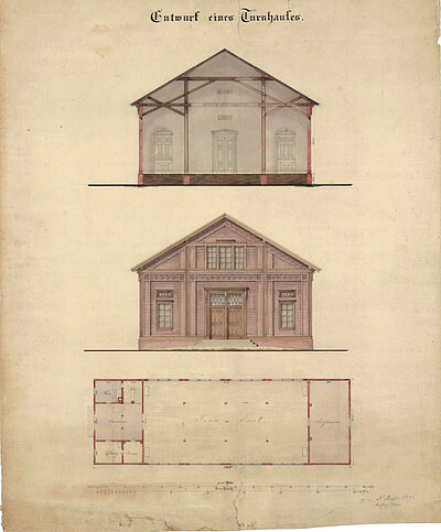 N. Meyer: Grundriss und Querschnitt mit Innenansicht und Ansicht der Eingangsseite eines nicht ausgeführten Entwurfs für eine Turnhalle mit Nebenräumen und Bemaßung, um 1844 © Stadtmuseum
