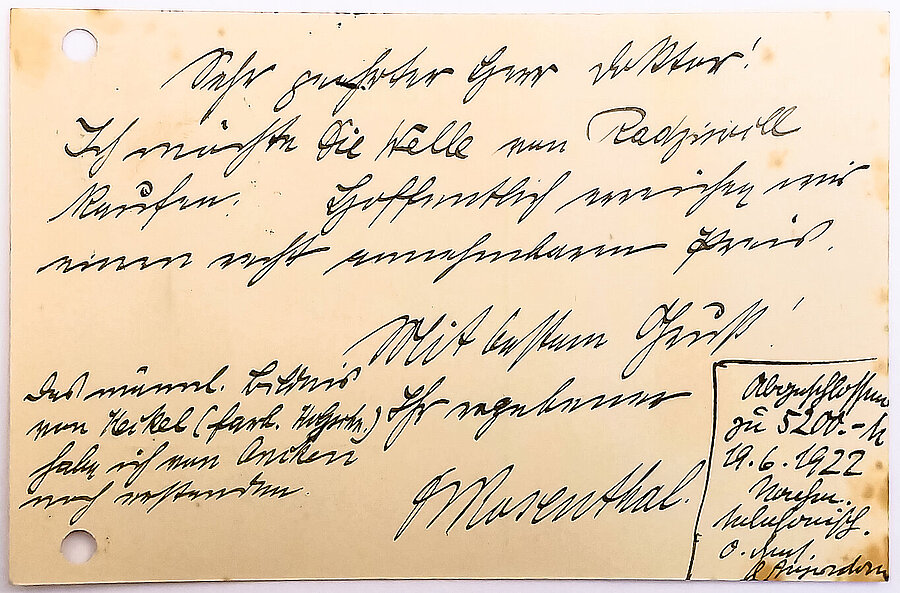 Mit dieser Postkarte an Ernst Beyersdorff teilt Georg Rosenthal am 19.06.1922 mit: „Ich möchte Die Welle von Radziwill kaufen“. Landesmuseum für Kunst und Kulturgeschichte Oldenburg/Archiv Vereinigung für junge Kunst