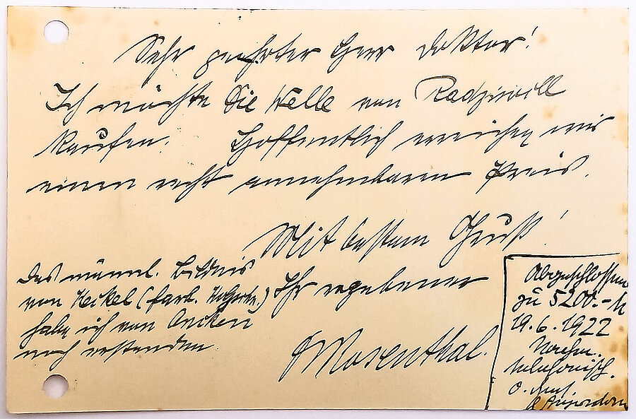 With this postcard to Ernst Beyersdorff, Georg Rosenthal communicates on June 19, 1922: “I would like to buy The Wave by Radziwill". Landesmuseum für Kunst und Kulturgeschichte Oldenburg (State Museum of Art and Cultural History Oldenburg)/Archiv Vereinigung für junge Kunst (Archive Association for Young Art)