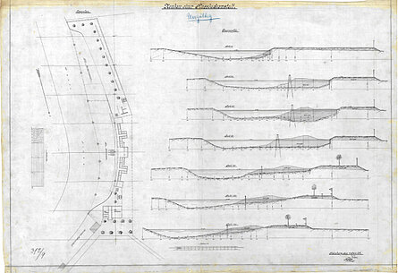Grundriss, Lageplan und sieben Profile zum verworfenen Neubau einer Flußbadeanstalt, entworfen von Franz Noack und Heinrich Weber, 1905 © Stadtmuseum