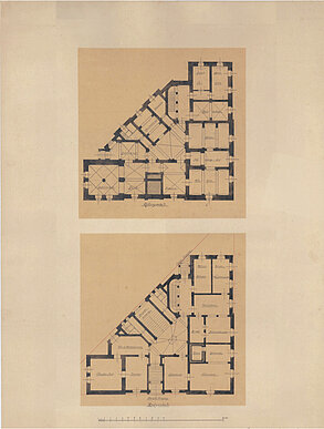 P. Engel: Grundrisse des Keller- und Erdgeschosses, um 1885 © Stadtmuseum