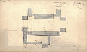 Lageplan eines Projekts zur Errichtung eines neuen Gebäudekomplexes am Schlossplatz mit Bemaßung und Benennung der Räumlichkeiten, um 1829. Verfasser unbekannt © Stadtmuseum