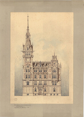 P. Engel: Hauptansicht, Marktseite, in farblich differenzierter, detailreicher Ausführung, um 1885 © Stadtmuseum
