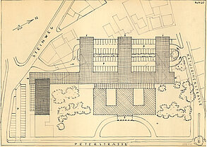 Lageplan zum Rathausbauprojekt unter Verwendung des PFL-Hospitals an der Peterstraße, Verfasser unbekannt, um 1960 © Stadtmuseum