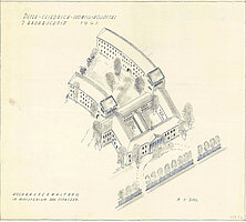 Lageplan und vogelperspektivische Darstellung des Hauptgebäudes sowie der geplanten Neubauten des PFL-Hospitals, 1941. Verfasser unbekannt © Stadtmuseum