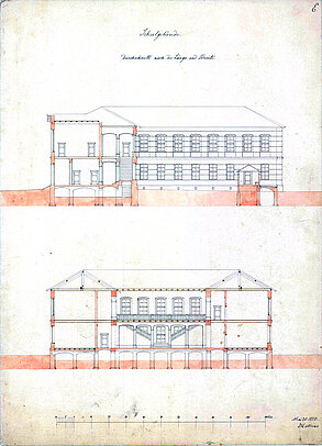 Hero Diedrich Hillerns: Quer- und Längsschnitt einer nicht ausgeführten "Höheren Bürgerschule" am Waffenplatz, 1850 © Stadtmuseum