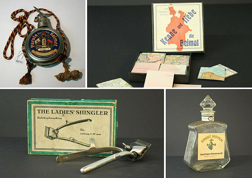 Reservistenflasche, Memory-Spiel, Bubikopfmaschine und Karaffe aus der Fundstücke-Sammlung, Fotos: Stadtmuseum