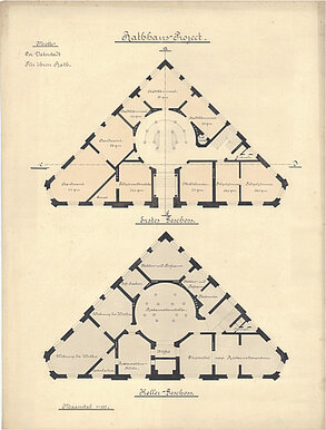 Adolf Meyer: Dreieckige Grundrisse vom ersten und Kellergeschoss, um 1885 © Stadtmuseum