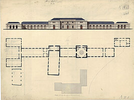 Heinrich Strack der Ältere: Ansicht und Grundriss eines Projekts zur Errichtung von Nebengebäuden für das Schloss, um 1828 © Stadtmuseum