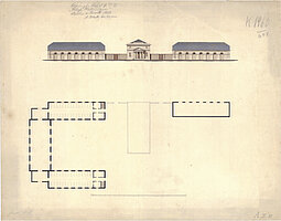 Heinrich Strack der Ältere: Ansicht und Grundriss eines Projekts zur Errichtung von Nebengebäuden (Stall, Wagenhalle, Museum) für das Schloss, um 1828 © Stadtmuseum