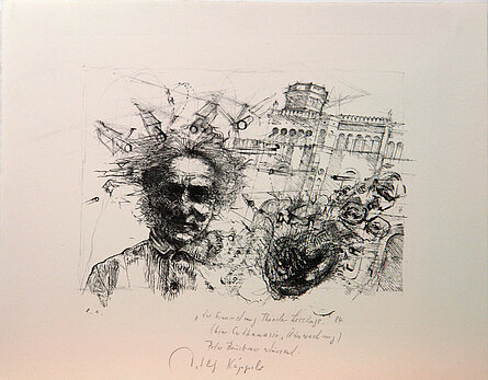 Zur Ermordung Theodor Lessings, Peter Brückner stürzend, Lithographie, 1984. © Stadtmuseum Oldenburg 