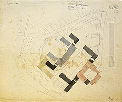 Carl Slevogt: Lageplan des Schlosses mit eingezeichnetem Projekt zur Umgestaltung und Neubauten, um 1800 © Stadtmuseum