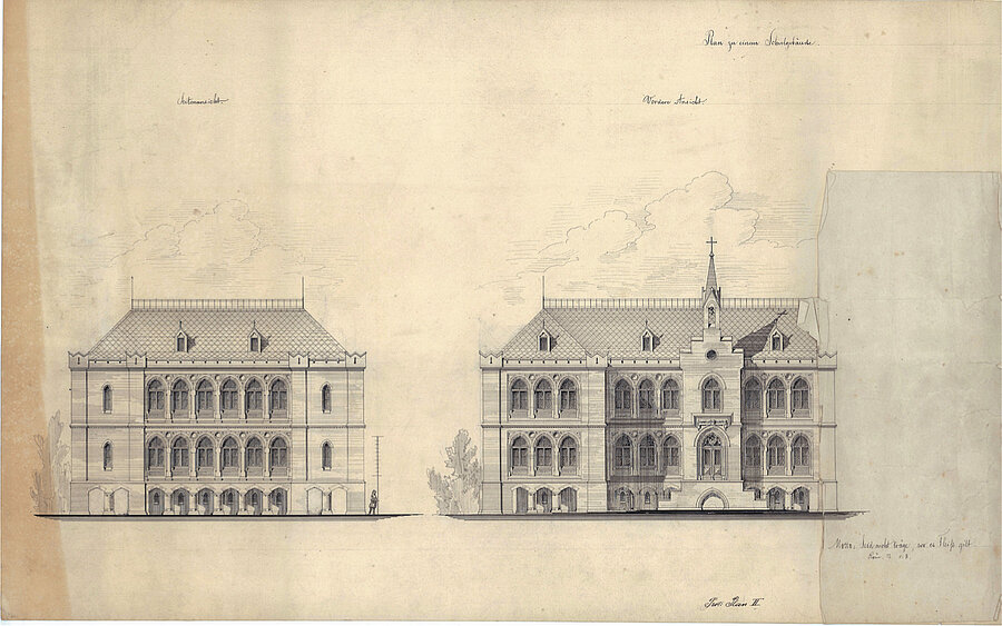 Vorder- u. Seitenansicht eines Entwurfs zu einem Schulgebäude, Verfasser unbekannt, um 1866 © Stadtmuseum