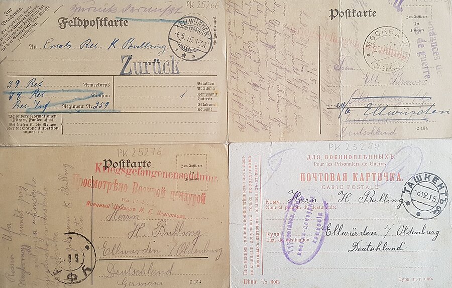 Kriegsgefangenensendungen aus Moskau, Ufa und Taschkent sowie Postkarte aus Ellwürden. © Stadtmuseum