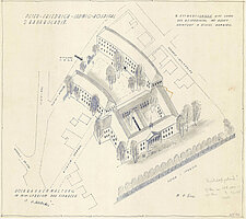 Lageplan und vogelperspektivische Darstellung des Hauptgebäudes sowie der geplanten Neubauten mit verändertem Eingangsberecih, 1940. Verfasser unbekannt © Stadtmuseum