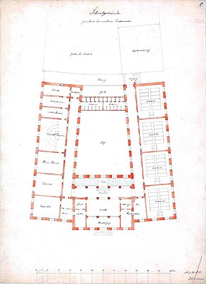 Hero Diedrich Hillerns: Erdgeschossgrundriss einer nicht ausgeführten "Höheren Bürgerschule" am Waffenplatz, 1850 © Stadtmuseum