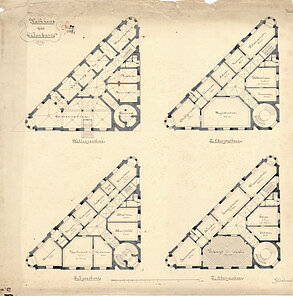 H. Bischofs: Grundrisszeichnungen eines Entwurfes für den Rathausneubau von 1887 © Stadtmuseum