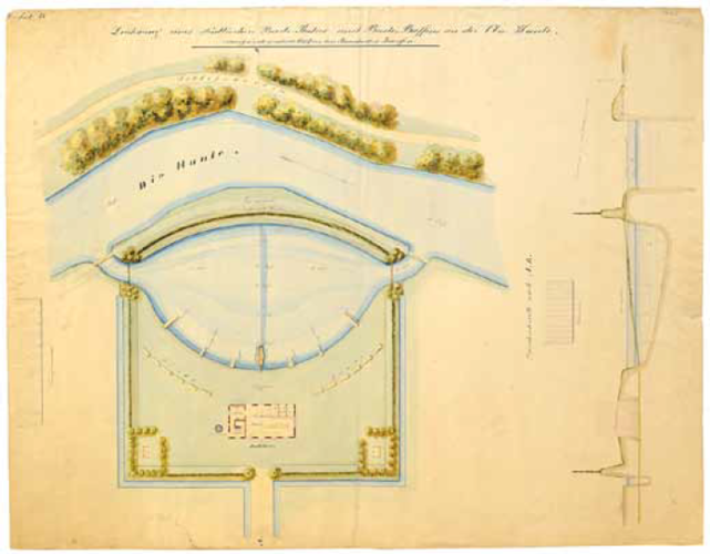 Nicht ausgeführter Entwurf eines "neuen Badeplatzes und Badebassins" am Südufer der Hunte. Gezeichnet "von dem Bauschreiber Janssen", 1857. © Stadtmuseum