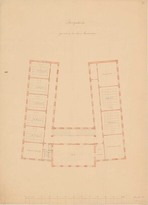 Hero Diedrich Hillerns: Grundriss des oberen Geschosses einer nicht ausgeführten "Höheren Bürgerschule" am Waffenplatz, 1850 © Stadtmuseum