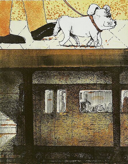 Maximilian Kirmse, Dogwalker, Lithografie, 2025 © Griffelkunst/Michael Pfisterer