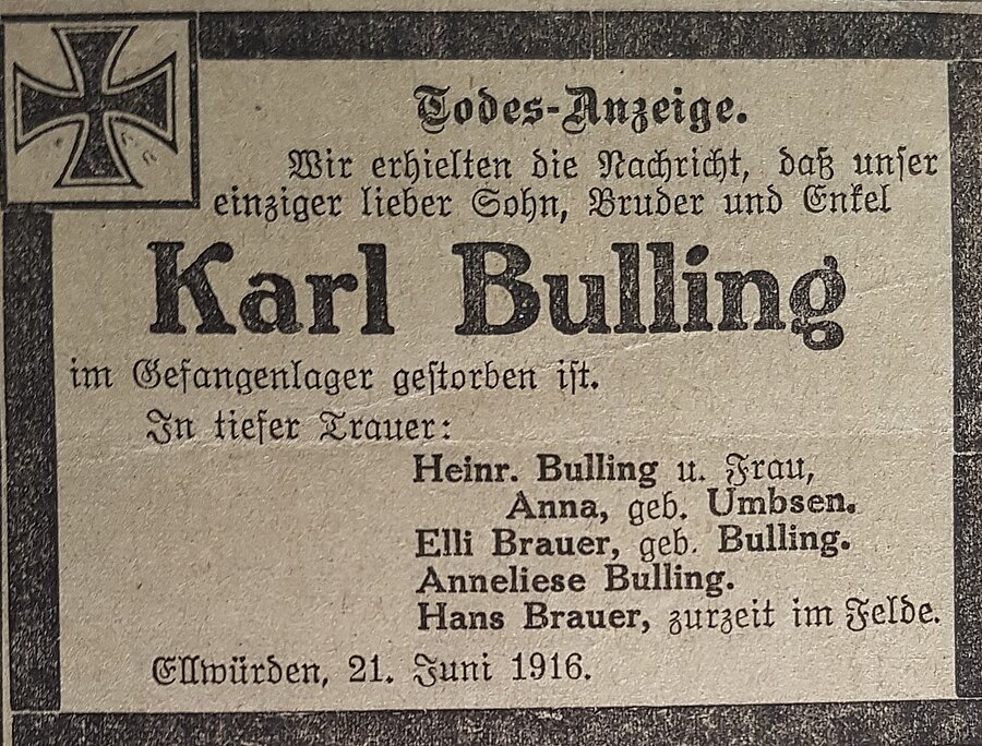 Todes-Anzeige von Karl Bulling. Bild: © Stadtmuseum