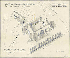 Lageplan und vogelperspektivische Darstellung des Hauptgebäudes sowie der geplanten Neubauten, 1938. Verfasser unbekannt © Stadtmuseum