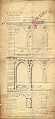 Fassadenteilansicht eines Entwurfs zu einem Schulgebäude, Verfasser unbekannt, um 1866 © Stadtmuseum