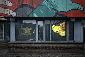 Installation "Interviews durch die Krisen" in den Fenstern des Stadtmuseums. Foto: Nika Kramer