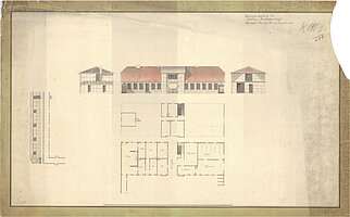 Carl Slevogt: Haupt- und Seitenansicht, Schnitt und Grundrisse eines Projekts für ein Nebengebäude des Schlosses mit Stall, Wagenhalle und Küchenräumen, um 1820 © Stadtmuseum