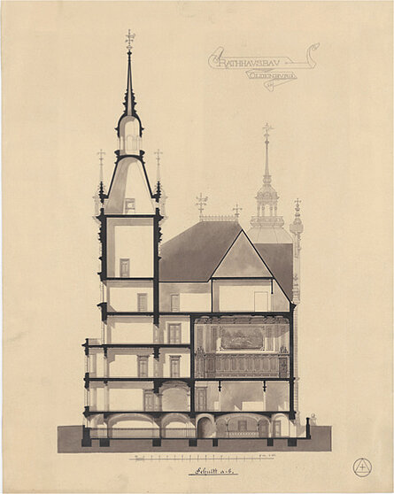 Schnittzeichnung a bis b mit detailreicher Innenraumdarstellung, 1885. Verfasser unbekannt © Stadtmuseum