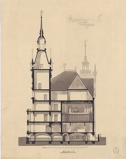 Schnittzeichnung a bis b mit detailreicher Innenraumdarstellung, 1885. Verfasser unbekannt © Stadtmuseum