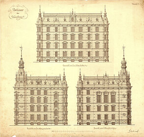 H. Bischofs: Ansichten eines detailreichen Entwurfs für den Rathausneubau von 1887 © Stadtmuseum