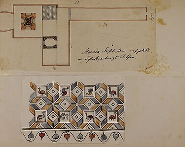 Skizzenbuch Dalwigk, oben: „Mosaik Fußboden aufgedeckt im Schlossgarten zu Athen"; unten: „Mosaik Fußboden eines antiken Bades aufgedeckt im Schlossgarten zu Athen" © Stadtmuseum Oldenburg