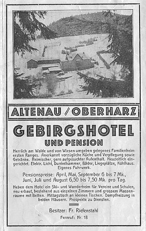 Werbeanzeige für ein Gebirgshotel in Altenau, undatiert. © Heimatstube Altenau-Schulenberg