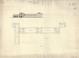 Heinrich Strack der Ältere: Grundriss und Teilansicht eines Projekts zur Errichtung von Nebengebäuden (Stall, Wagenhalle, Manege, Bibliothek und Museum) für das Schloss, um 1828 © Stadtmuseum