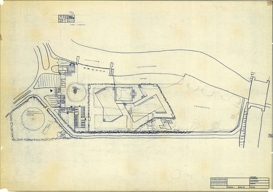 Lageplan und Grundriss eines Entwurfs zum Neubau des Huntebads, Verfasser: Stadtbauverwaltung Oldenburg, um 1970 © Stadtmuseum