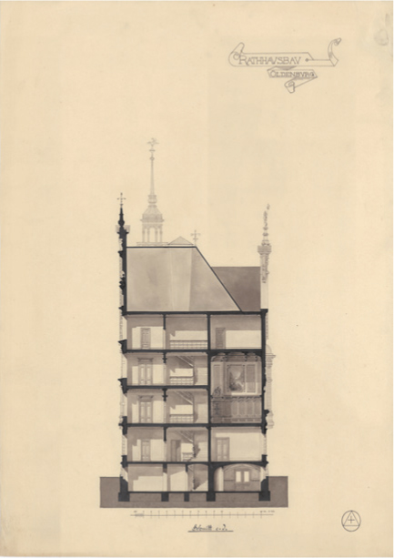 Schnittzeichnung c bis d mit detailreicher Innenraumdarstellung, 1885. Verfasser unbekannt © Stadtmuseum