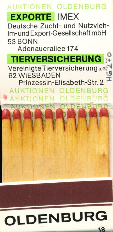 Streichholzbrief mit Reklameaufdruck der Oldenburger Herdbuch-Gesellschaft (Innenseite), 1960-1970er Jahre. Foto: Stadtmuseum Oldenburg